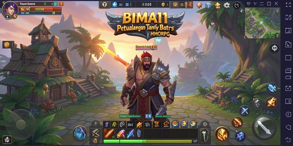 Tangkapan layar gameplay BIMA11 memperlihatkan pertempuran seru di dunia fantasi.